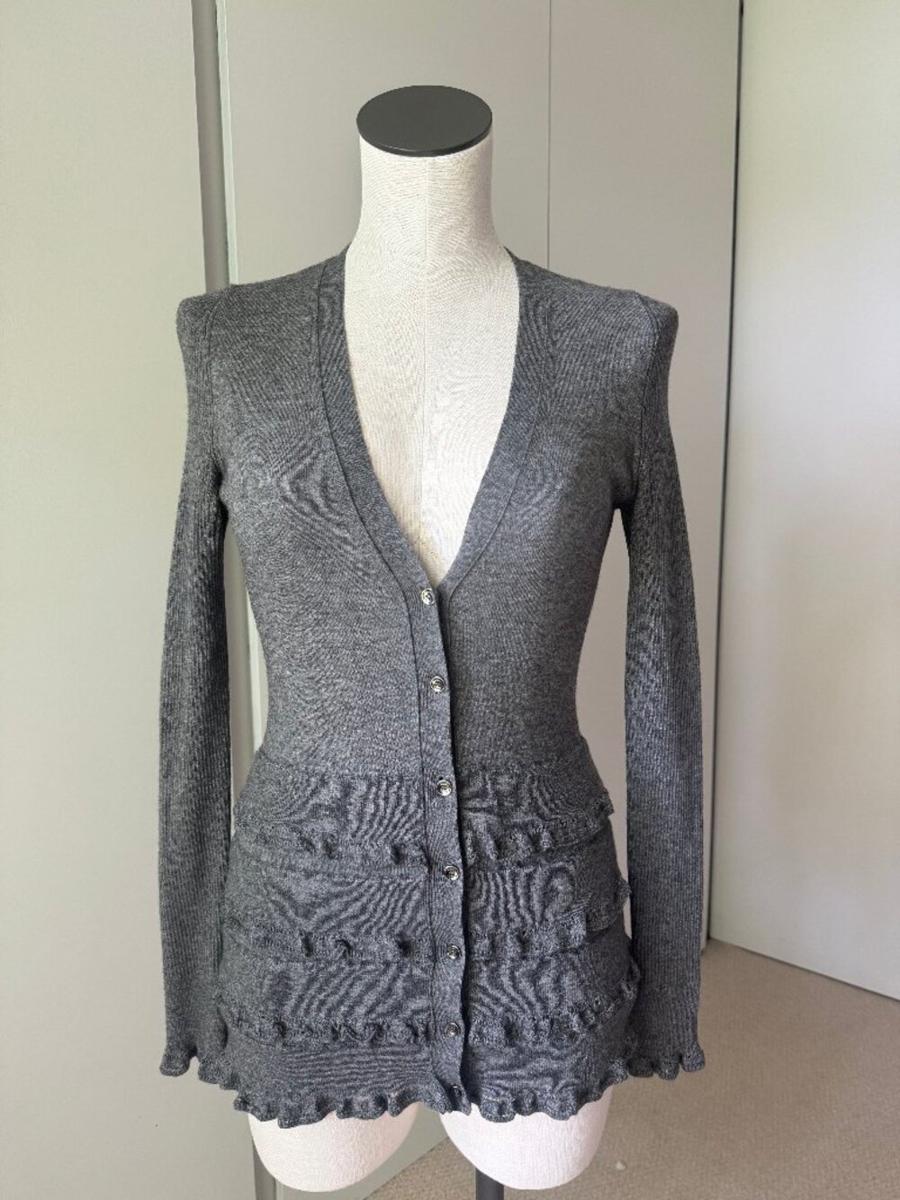Burberry Cardigan Deep V w Knit Tiered Ruffles Ribbed Sleeves  S or XS